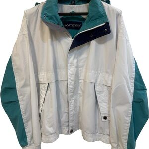 OSCAR MAYER FOODS Swingster White & Teal Jacket Pockets Zip/Snap Hood Size XXL